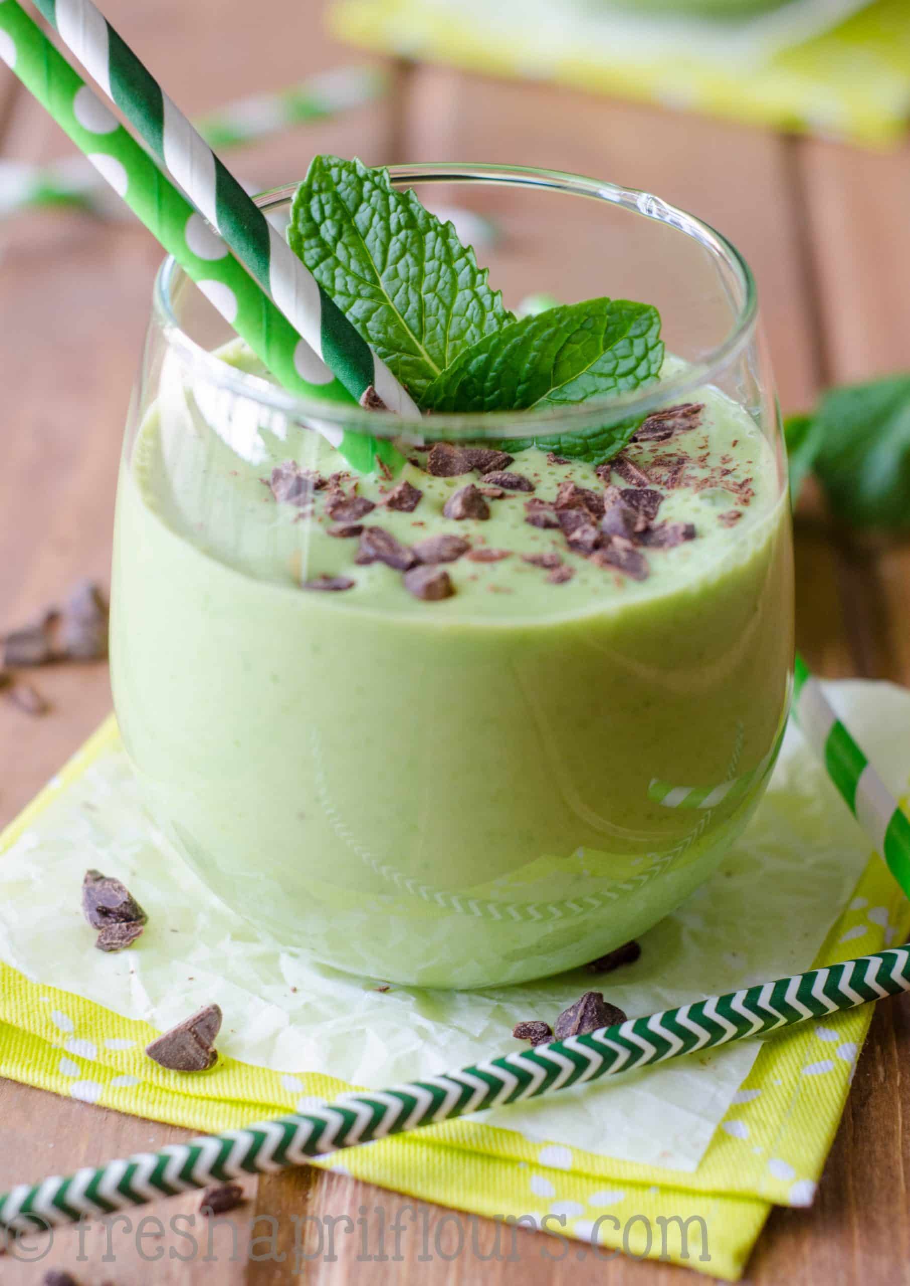 skinny shamrock shake in a glass with straws 