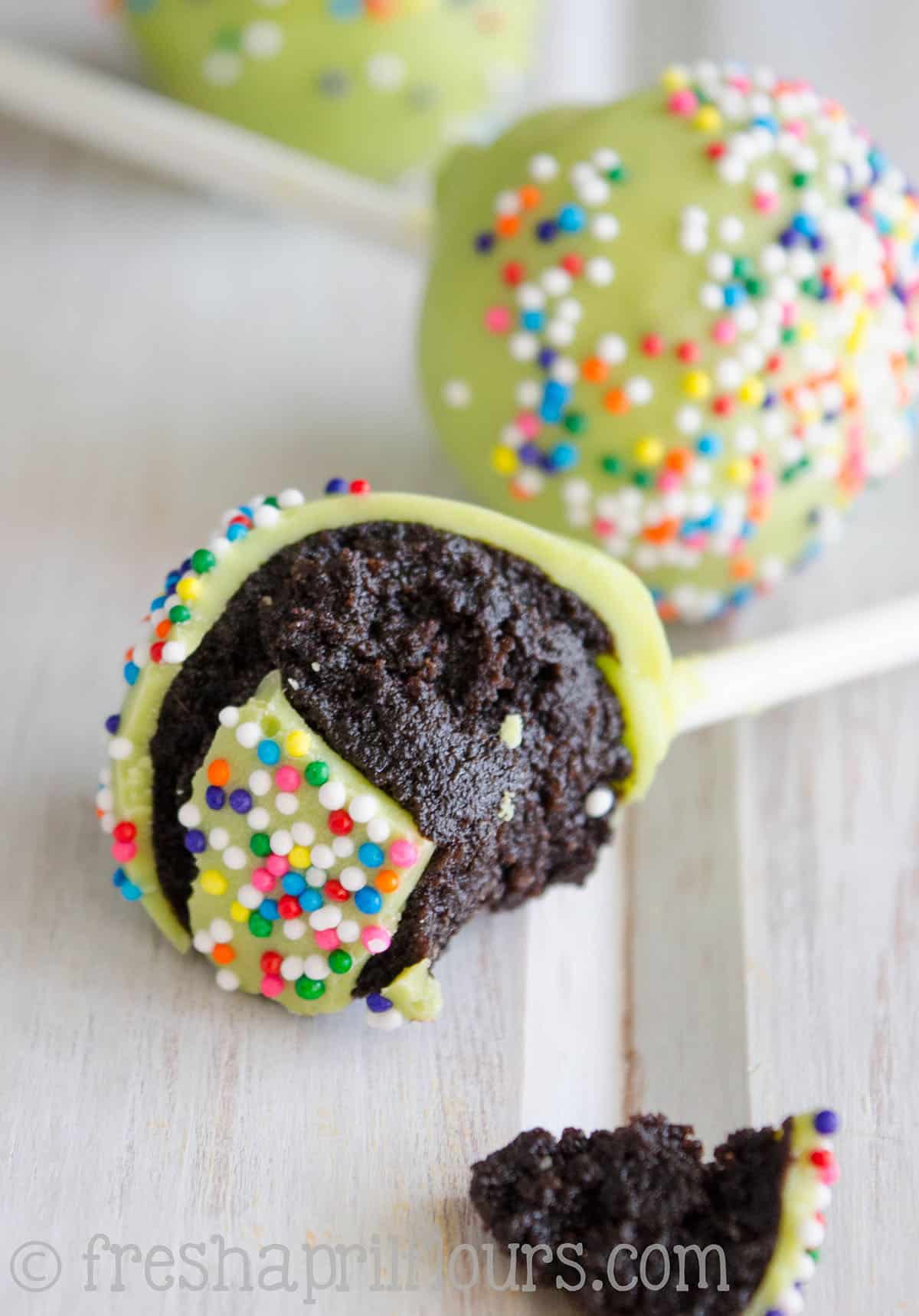 chocolate cake pops that have been bitten into