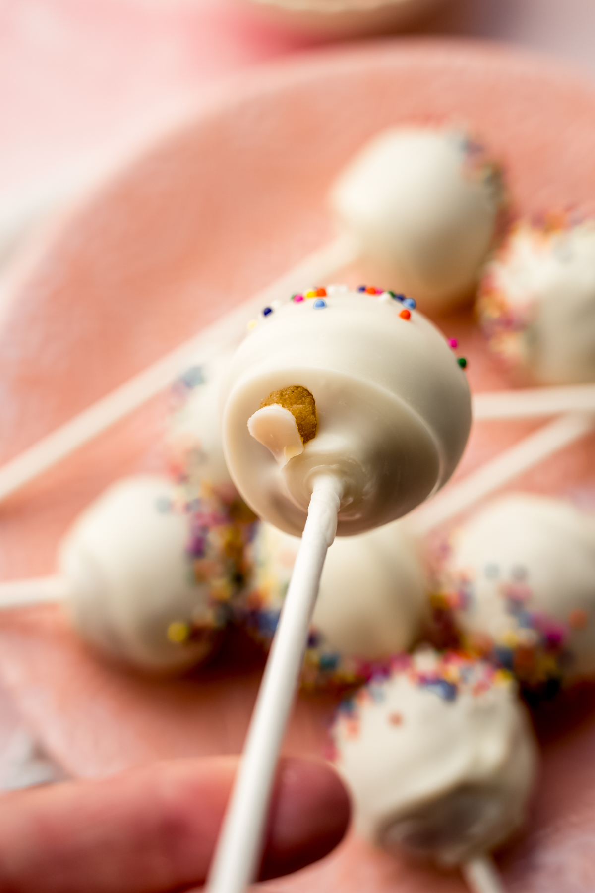 A cake pop with a bit of cake coming out of the bottom of it to show an example for troubleshooting.