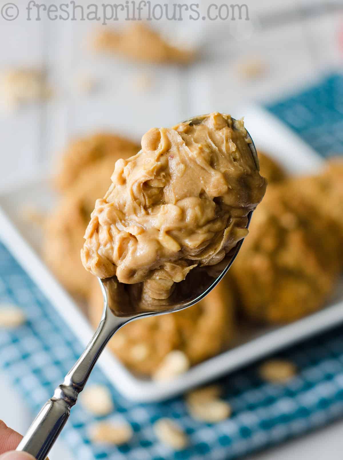 A spoon with crunchy peanut butter on it.