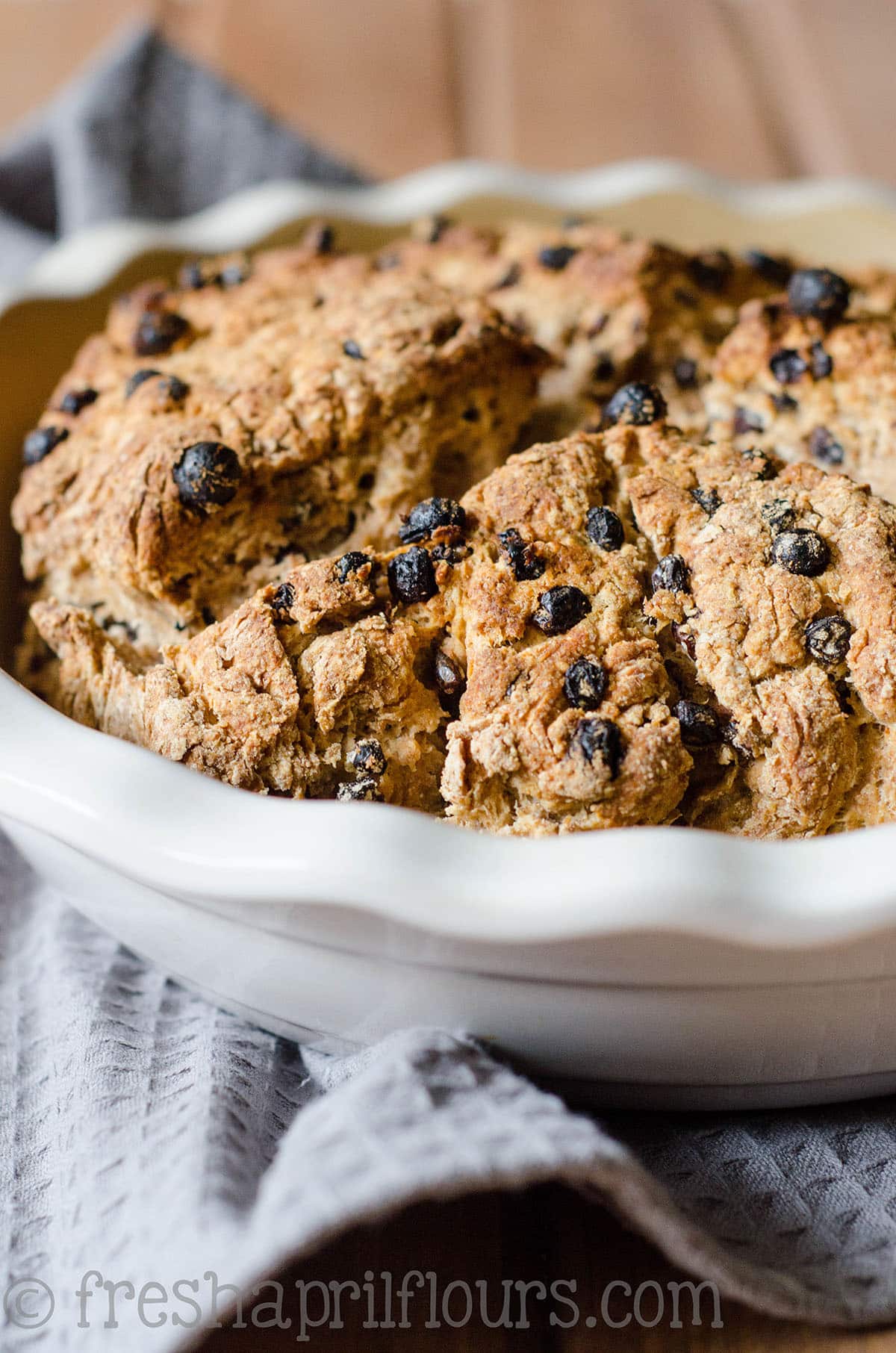 Irish soda bread in a baking dish.