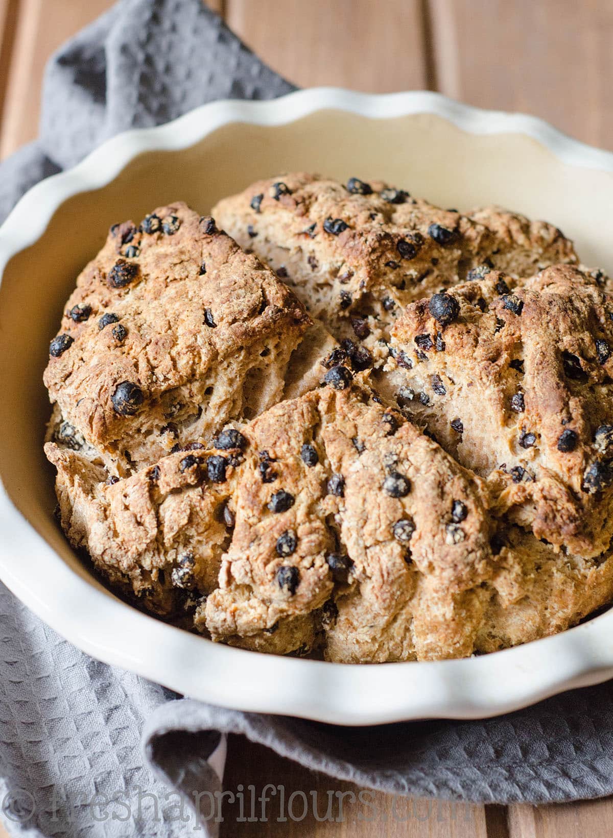 Irish soda bread in a baking dish.