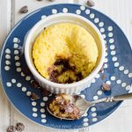 Molten Chocolate Chip Cake for One: A sweet and salty single serving chocolate chip cake with a molten chocolate center that comes together (thanks to the microwave) in less than 5 minutes.