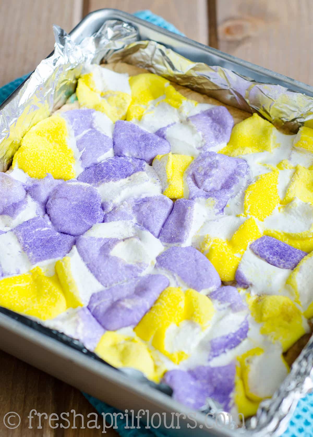 Peeps blondies in a baking dish.