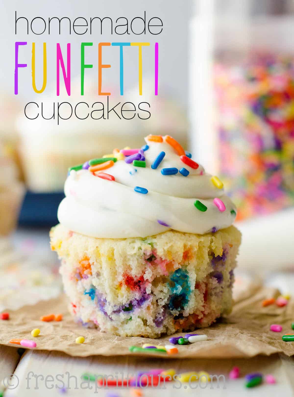 Sprinkle-speckled cupcakes that taste BETTER than the ones from the box, topped with creamy, sprinkle-filled vanilla buttercream. Ditch the mix and make your own funfetti cupcakes from scratch! via @frshaprilflours