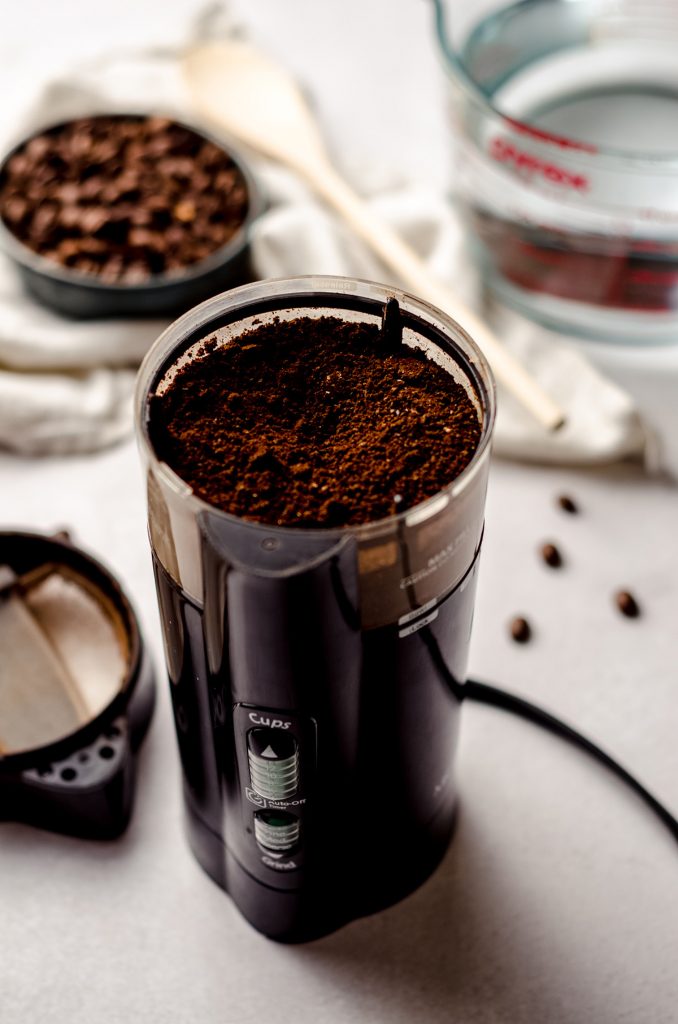 coffee grounds in a coffee grinder