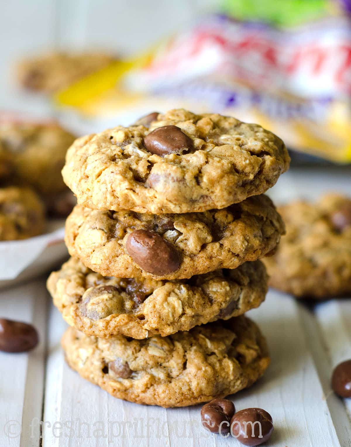 A stack of oatmeal Raisinet cookies.