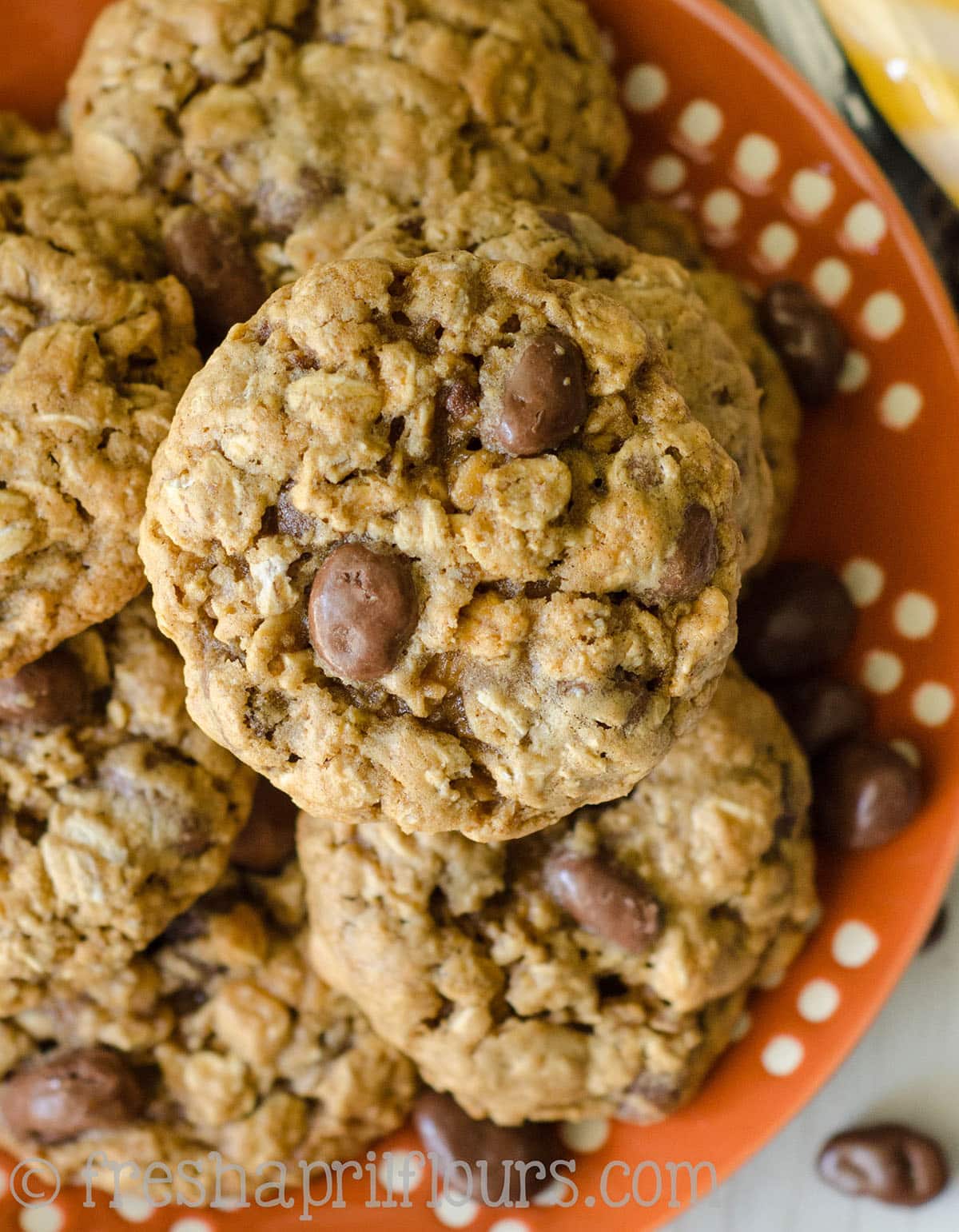 Oatmeal Raisinet cookies on a plate.