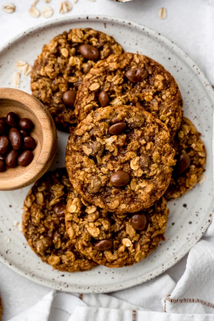 Aerial photo of oatmeal Raisinet cookies on a plate.