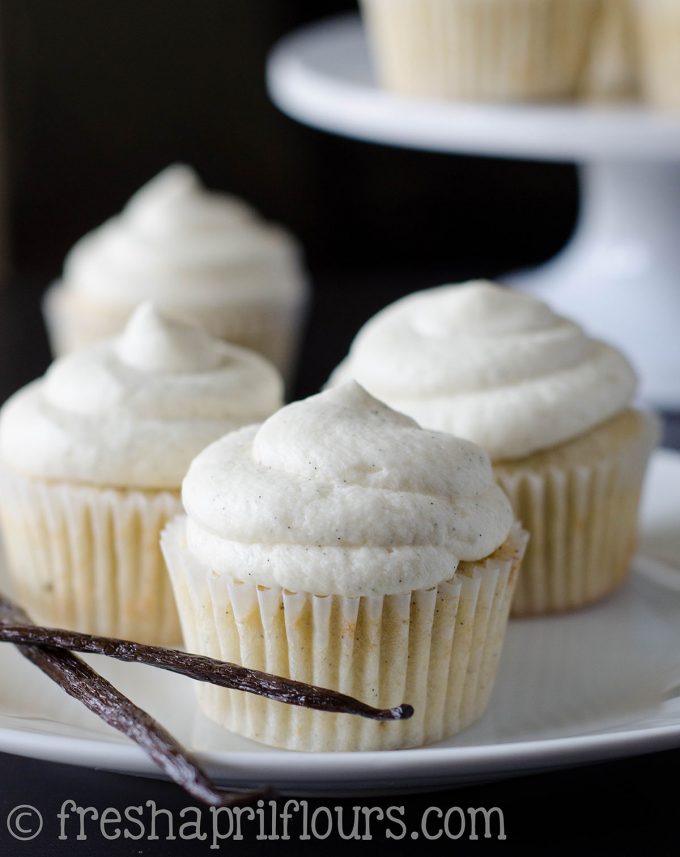 Vanilla Bean Cupcakes: A moist and tender basic vanilla cupcake made extra flavorful with vanilla bean infused cream. Topped off with vanilla bean buttercream, these cupcakes are vanilla heaven!