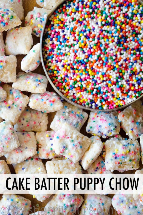Call it funfetti puppy chow, call it birthday cake puppy chow-- this is the crunchy, cake-battery take on the classic Puppy Chow you want for your next celebration! via @frshaprilflours