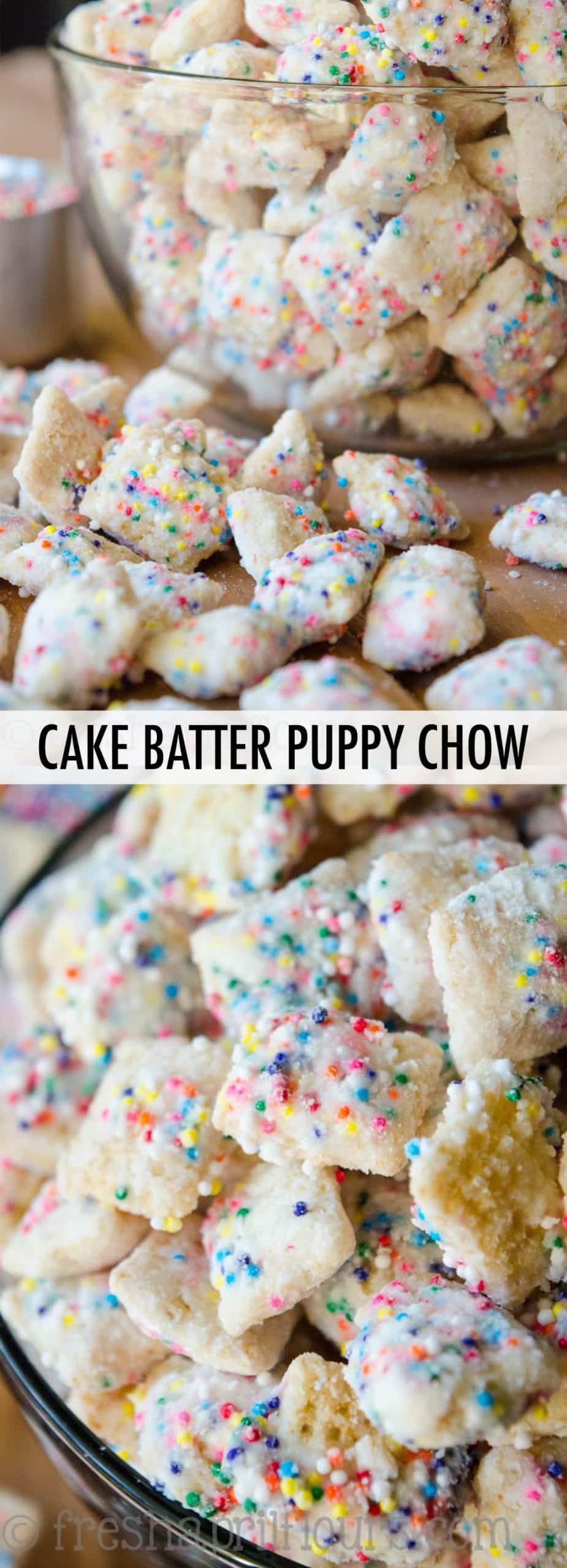 Call it funfetti puppy chow, call it birthday cake puppy chow-- this is the crunchy, cake-battery take on the classic Puppy Chow you want for your next celebration! via @frshaprilflours