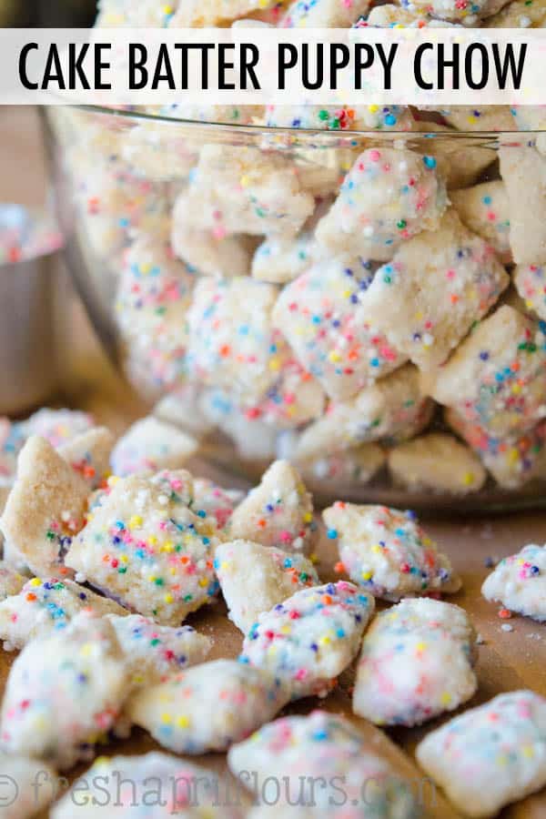 Call it funfetti puppy chow, call it birthday cake puppy chow-- this is the crunchy, cake-battery take on the classic Puppy Chow you want for your next celebration! via @frshaprilflours