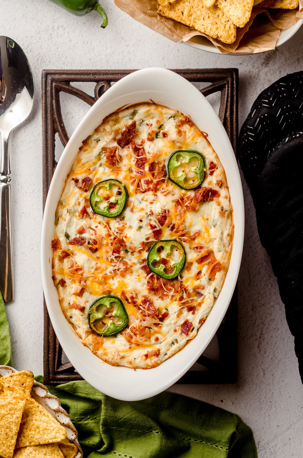 aerial photo of jalapeno cream cheese dip in a casserole dish