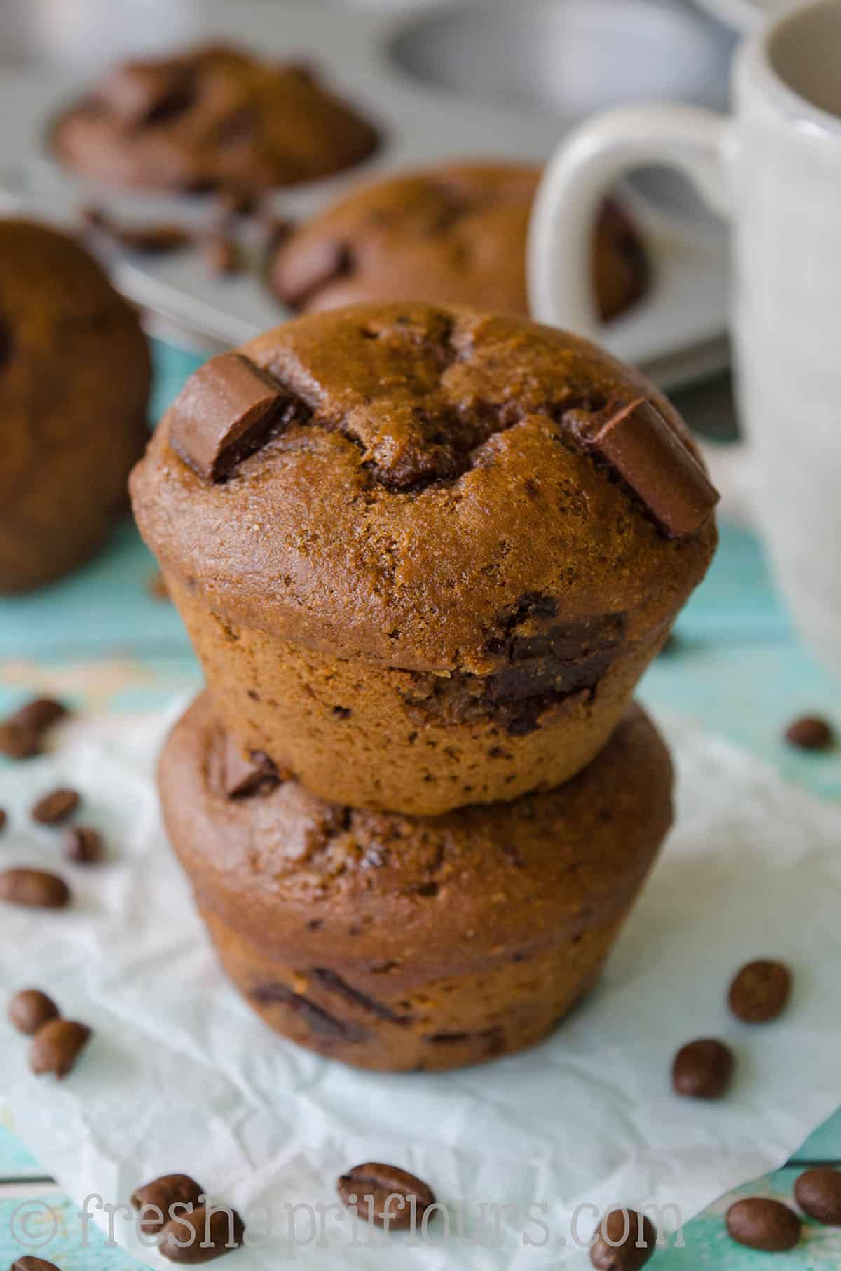 A stack of mocha chocolate chunk. muffins.