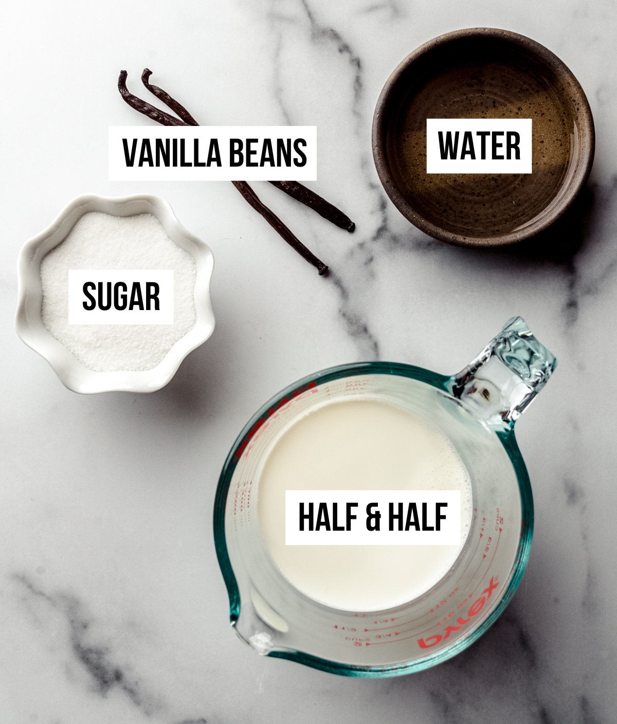 Aerial photo of ingredients for French vanilla creamer with text overlay.
