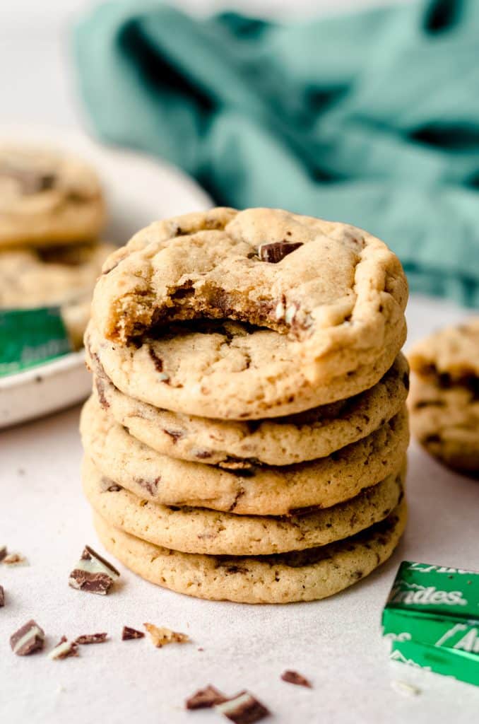 stack of andes mint cookies with a bite taken out of the top one