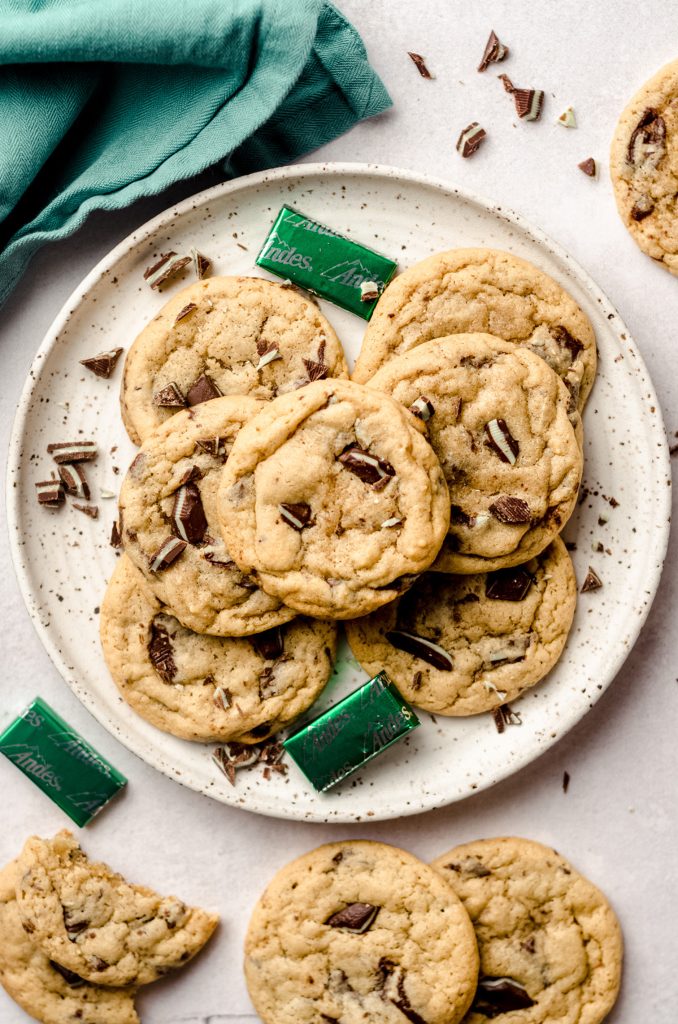 aerial photo of andes mint cookies on a plate