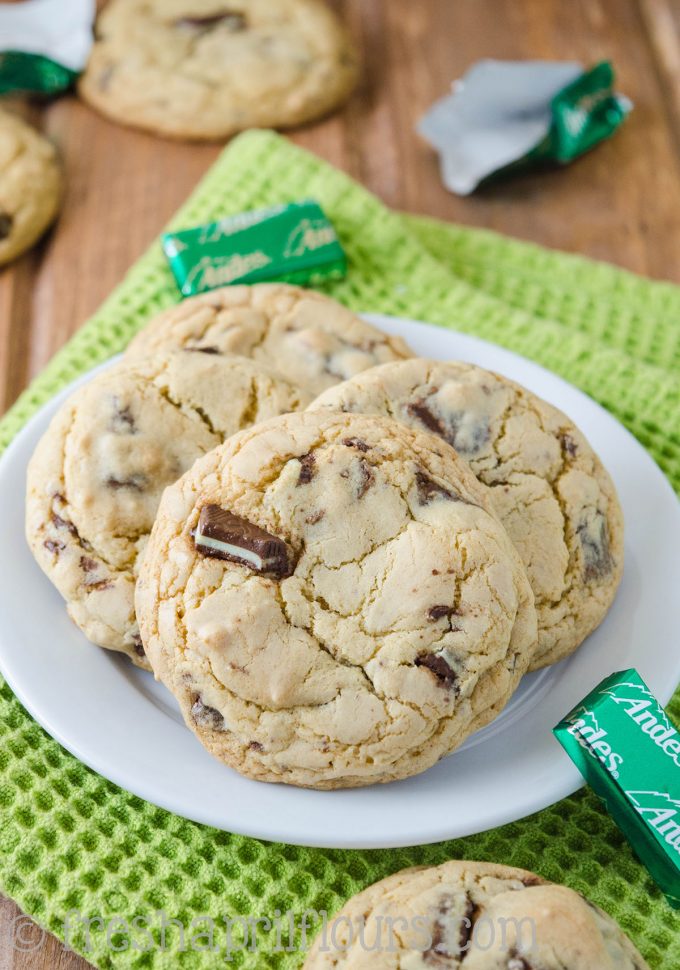 Andes Mint Cookies: Easy brown sugar cookies filled with chunks of Andes mints. No chilling, no rolling, and ready to eat in less than 30 minutes!
