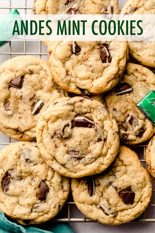 This easy Andes mint cookies recipe results in soft and chewy brown sugar cookies with chunks of mint chocolate in every bite. No chilling, no rolling, and ready to eat in less than 30 minutes! via @frshaprilflours