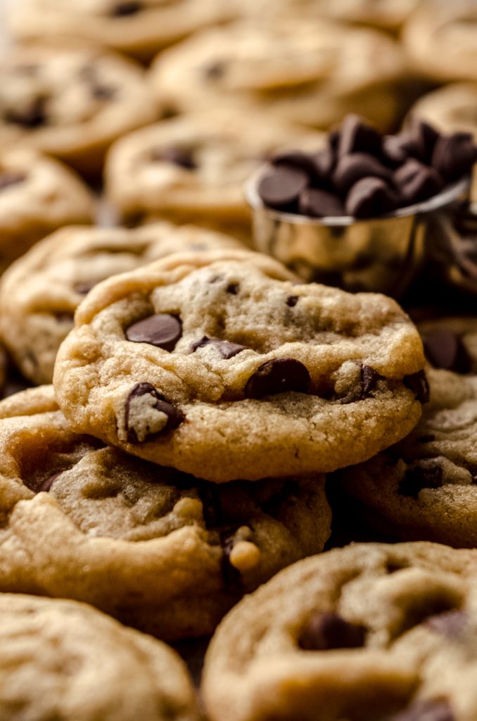 Photo of a bunch of mini chocolate chip cookies and there is a mini cookie scoop filled with mini chocolate chips in the photo.