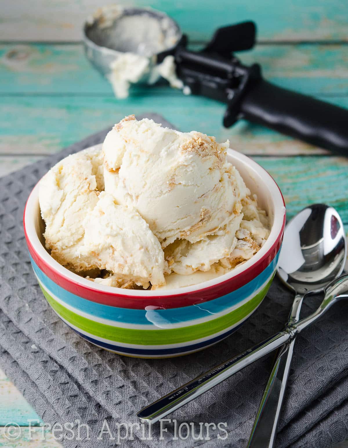 No churn peanut butter ripple ice cream in a bowl.
