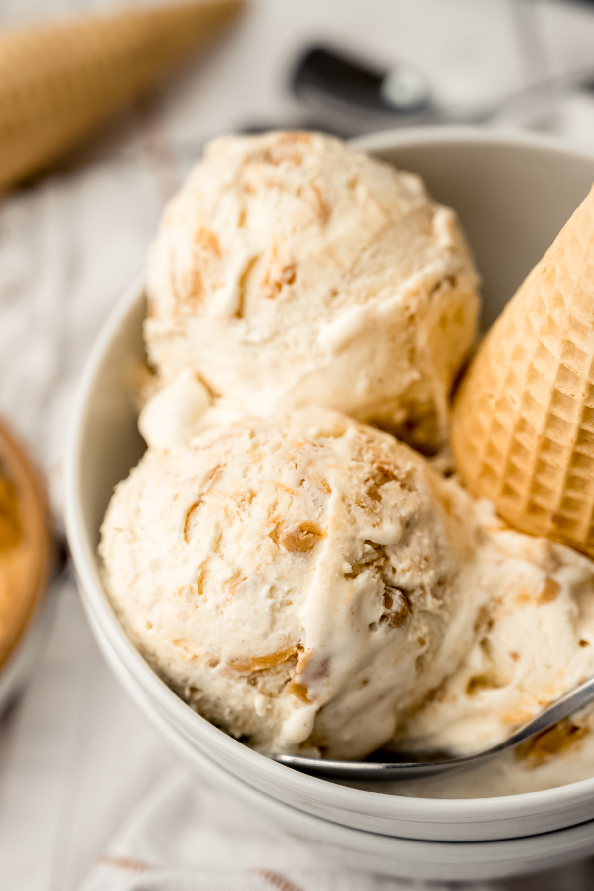 A bowl of peanut butter ripple ice cream with a cone in it.