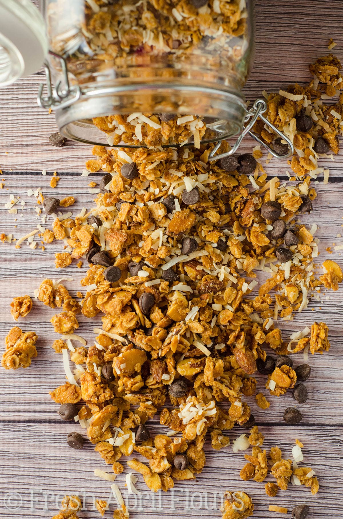 Aerial photo of Almond Joy granola poured out onto a surface.