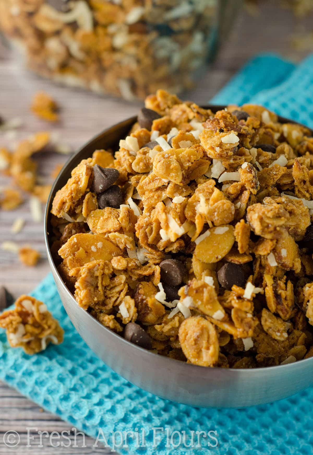 Almond Joy granola in a bowl.