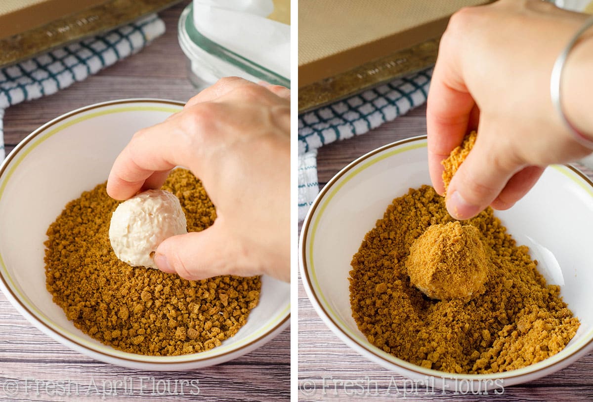 Rolling cheesecake balls into crushed gingersnaps.