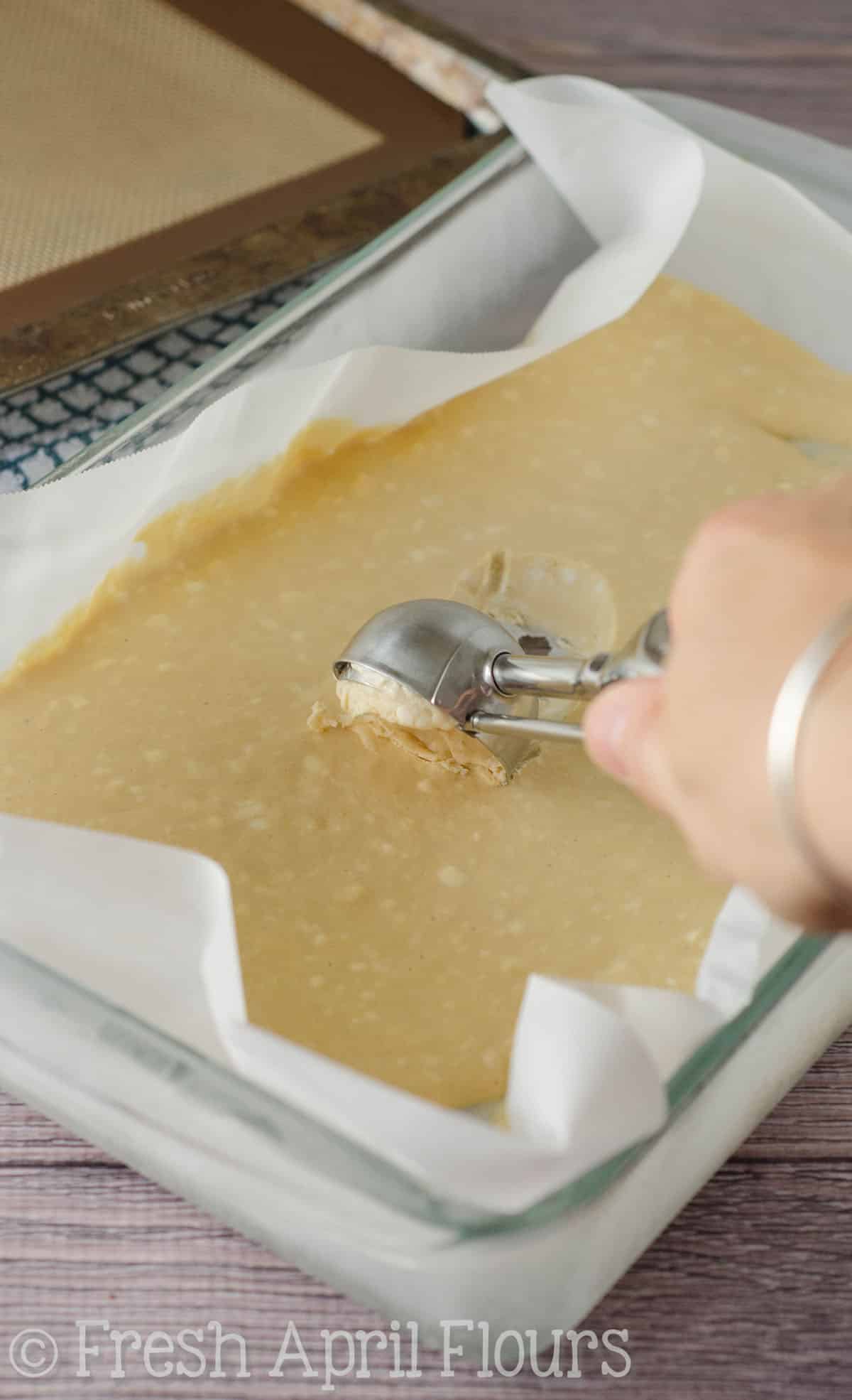 Scooping gingersnap cheesecake bites filling with a cookie scoop.