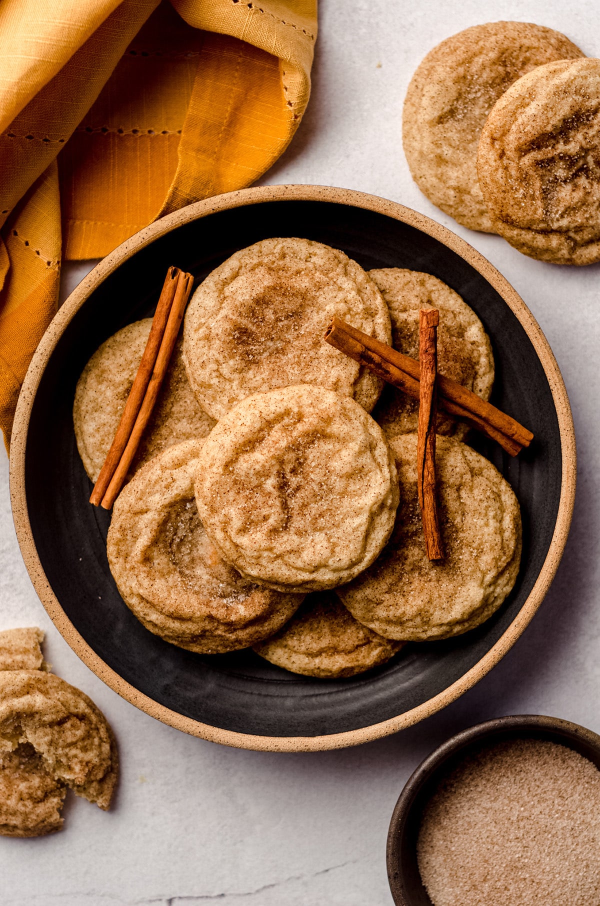 aerial photo of classic snickerdoodle cookies on a plate