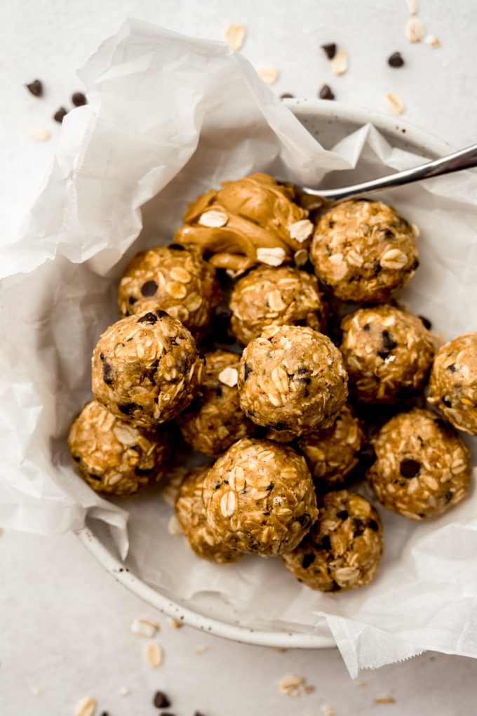 Aerial photo of chocolate chip oat bites.