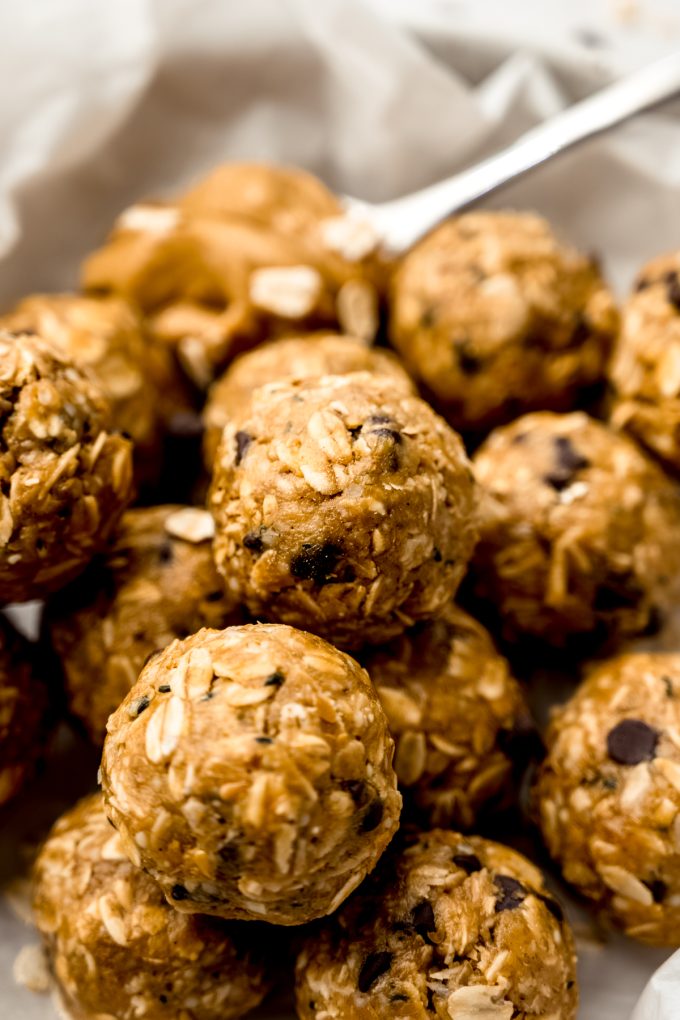 A bowl of chocolate chip oat bites.