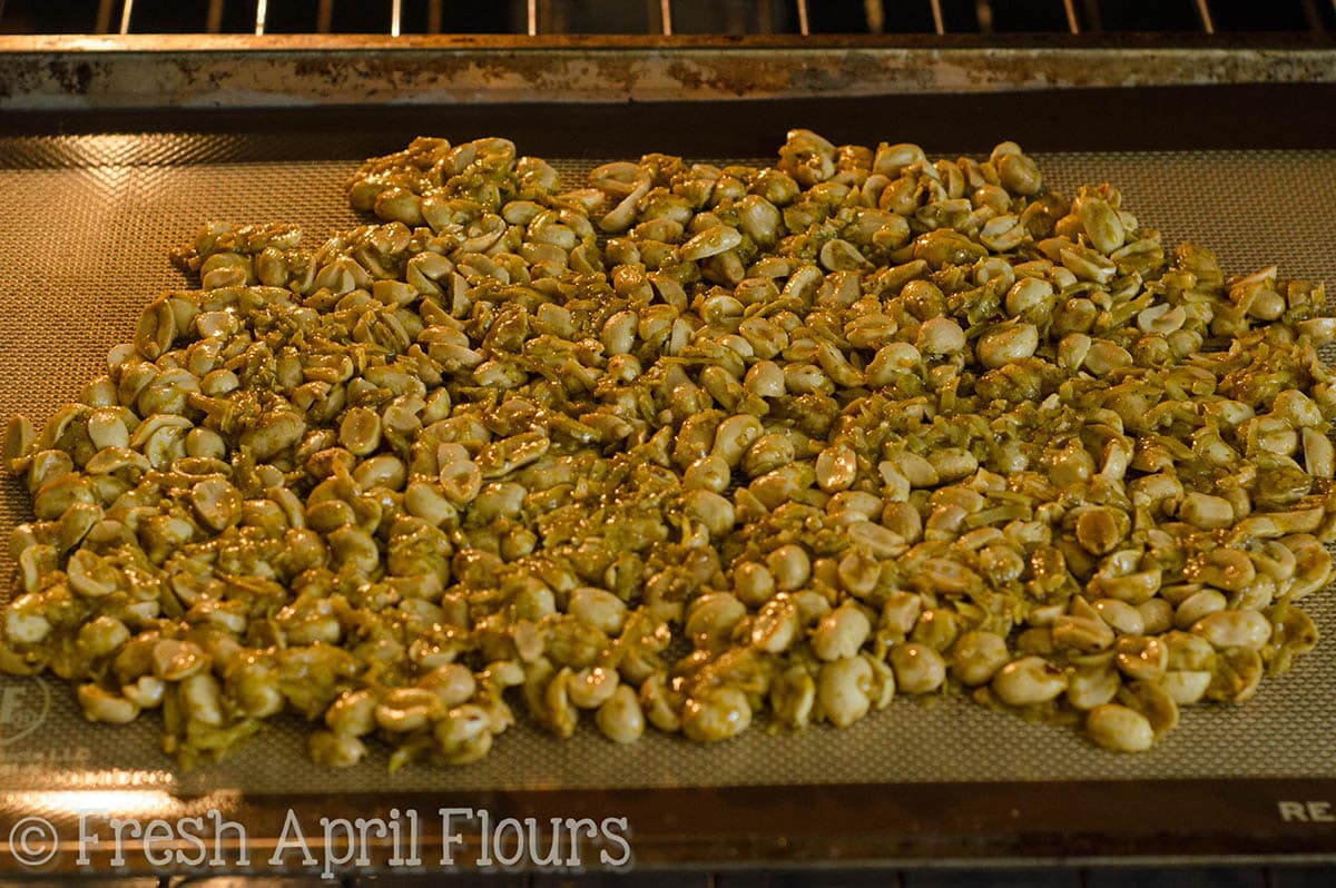 Curry peanuts cooking in the oven.