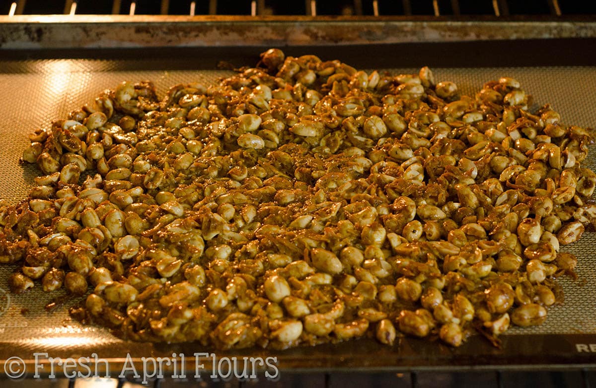 Curry peanuts cooking in the oven.