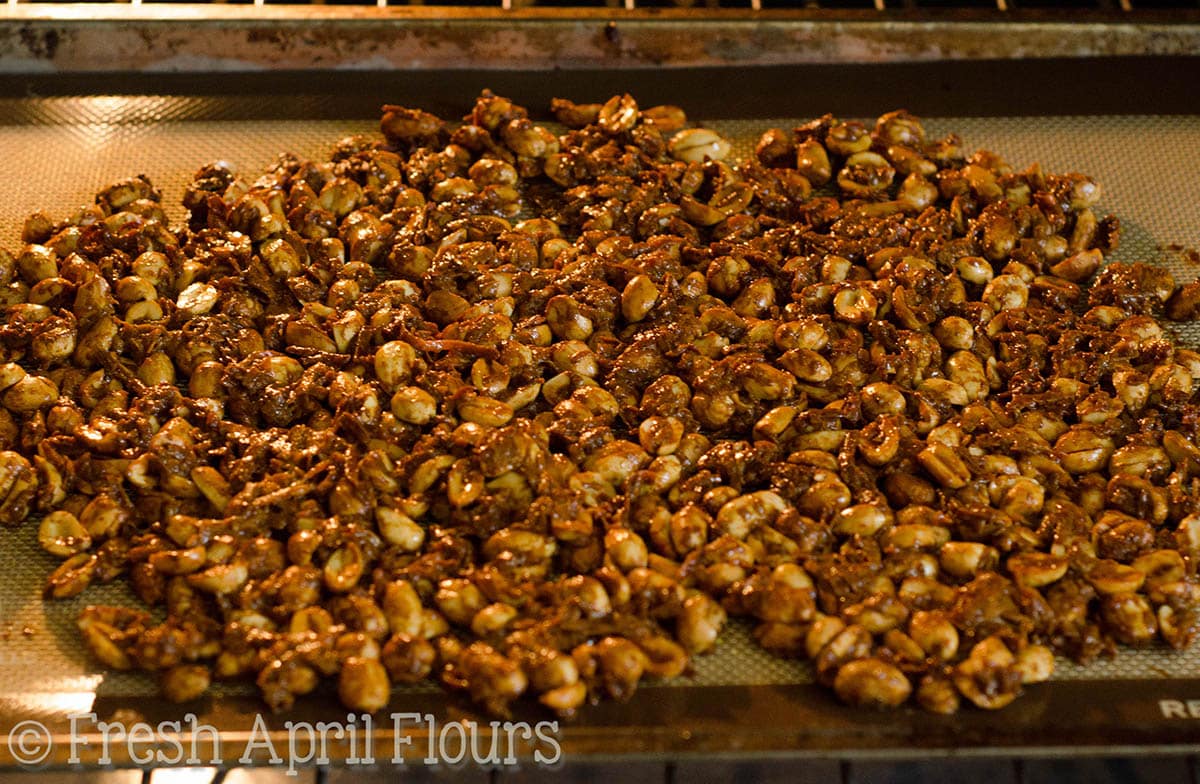 Curry peanuts cooking in the oven.