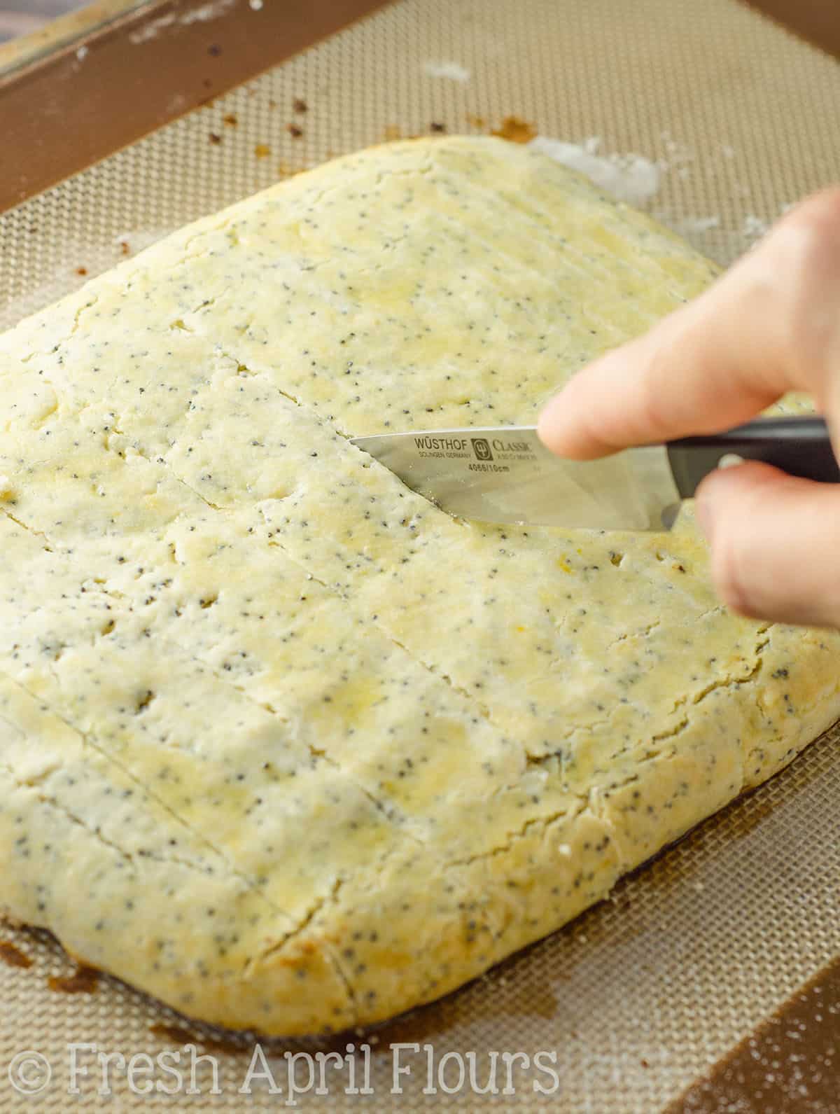 slicing lemon poppy seed biscotti dough with a knife