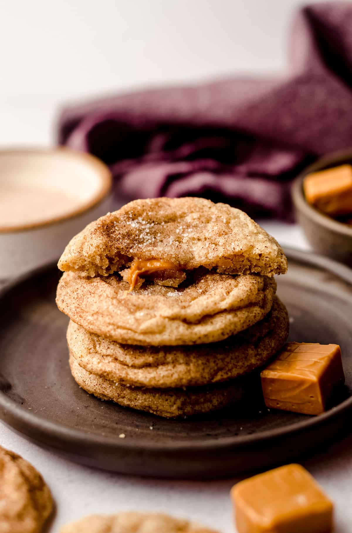 stack of caramel stuffed snickerdoodles