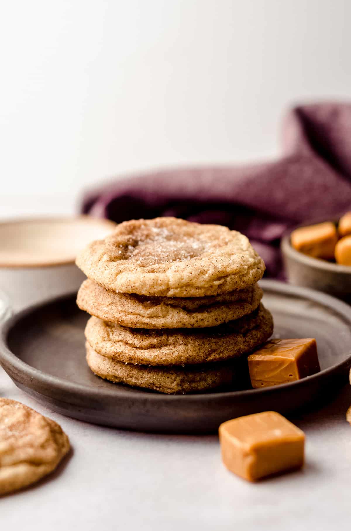 stack of caramel stuffed snickerdoodles