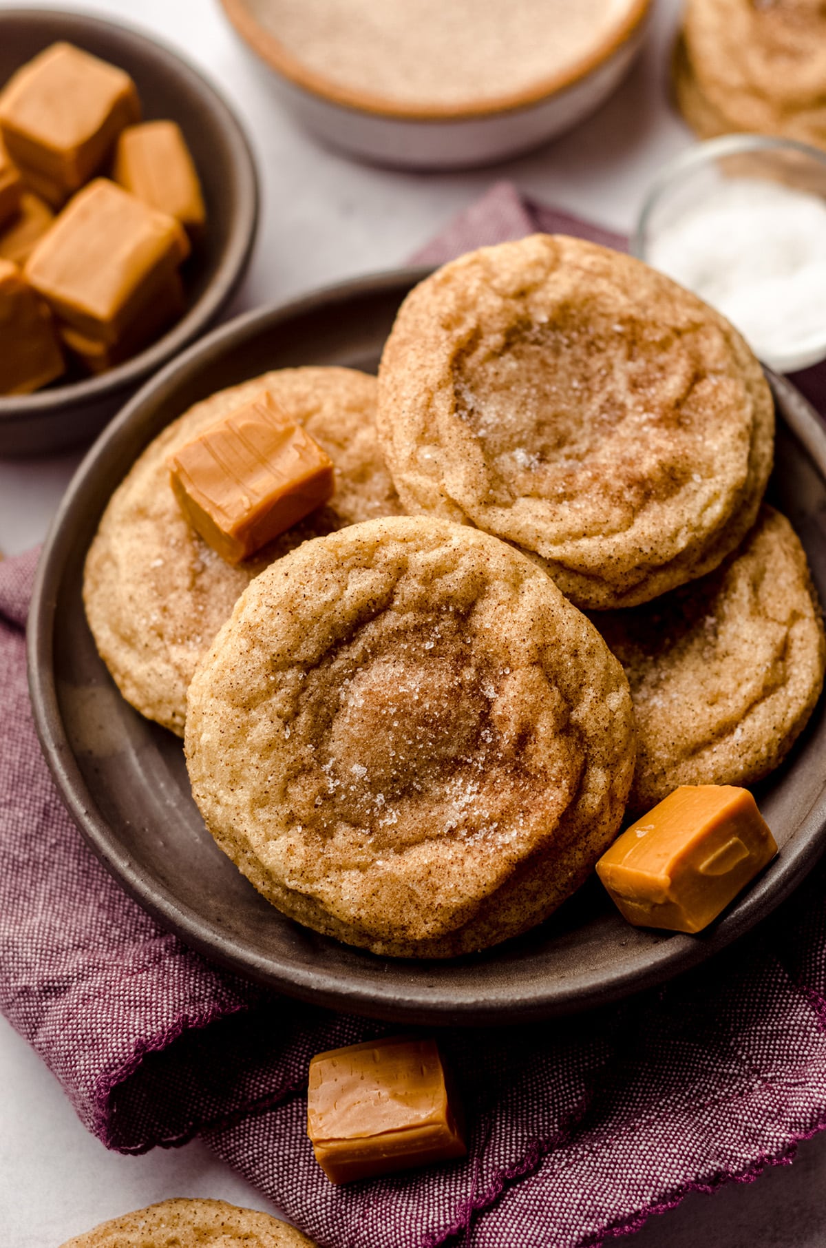 caramel stuffed snickerdoodles on a plate