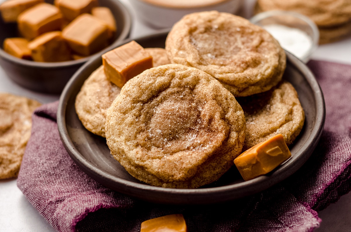 caramel stuffed snickerdoodles on a plate