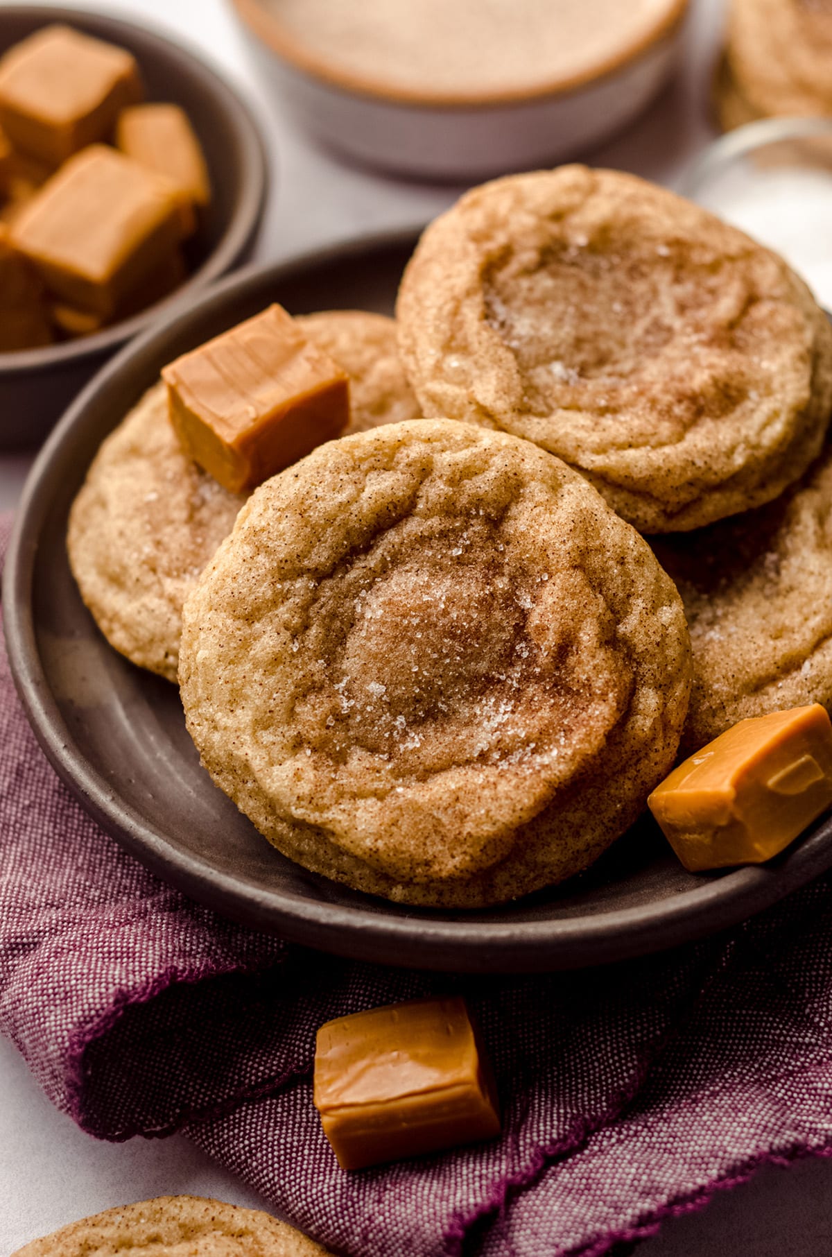 caramel stuffed snickerdoodles on a plate