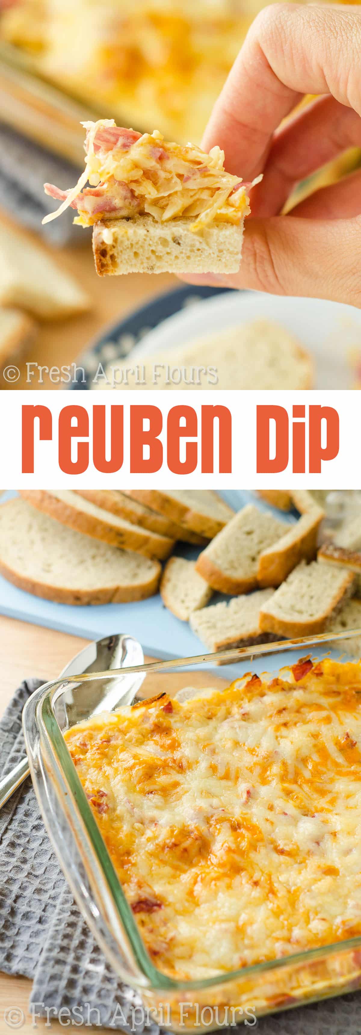 Reuben Dip: Loaded with corned beef, sauerkraut, Thousand Island dressing, and plenty of cheese, this dip will be your new favorite way to enjoy the classic sandwich-- in dippable form! via @frshaprilflours
