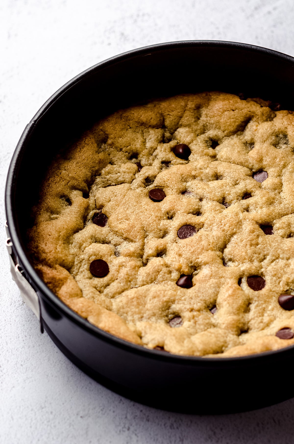 baked chocolate chip cookie cake in a springform pan