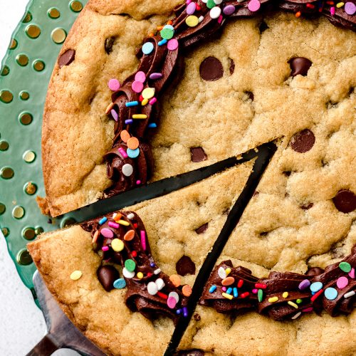 aerial photo of sliced chocolate chip cookie cake