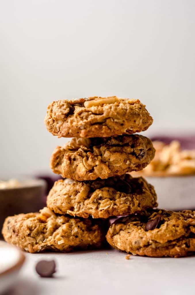 stack of oatmeal chocolate chip walnut cookies