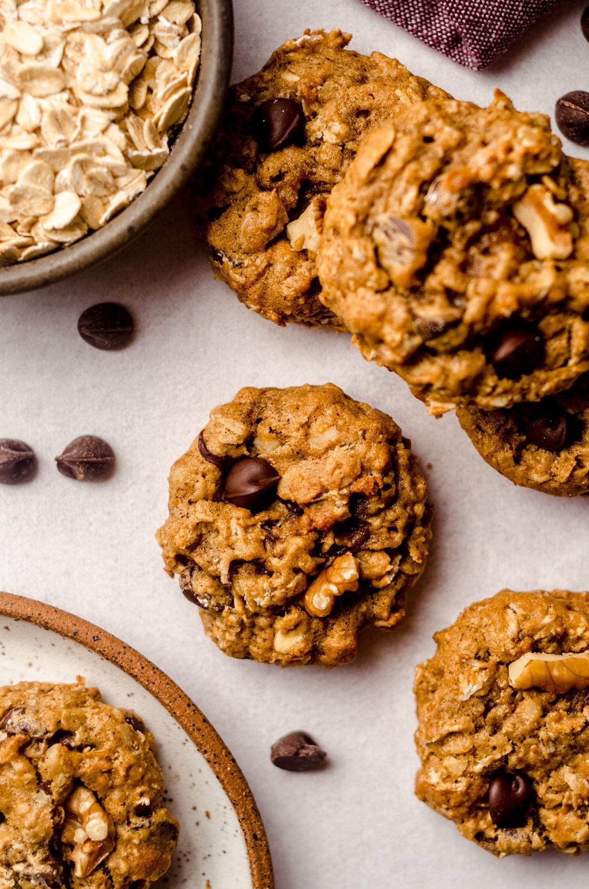 aerial photo of oatmeal chocolate chip walnut cookies