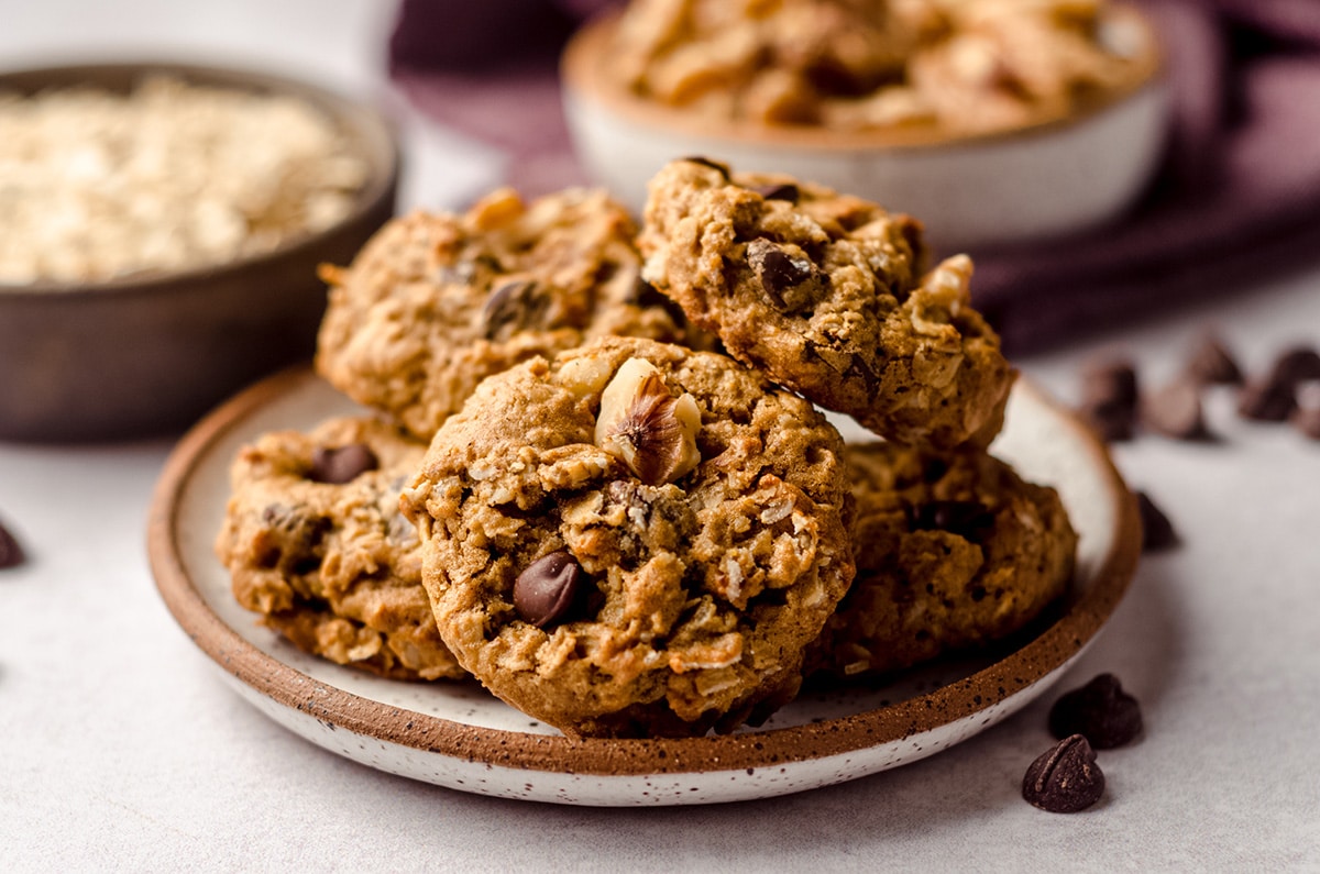 oatmeal chocolate chip walnut cookies on a palte