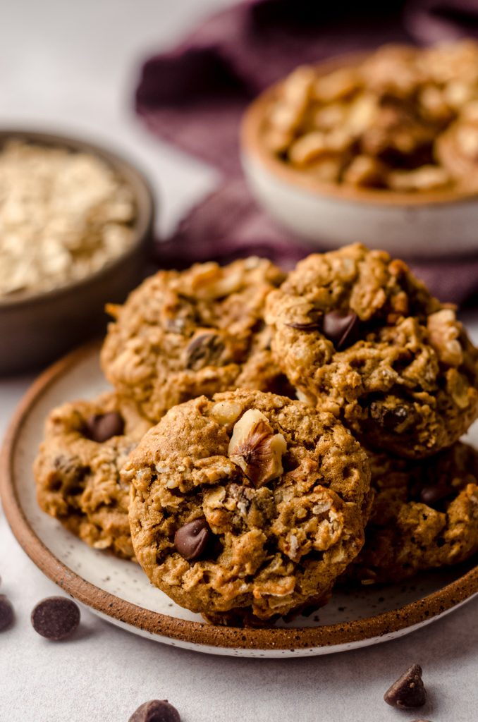 oatmeal chocolate chip walnut cookies on a palte